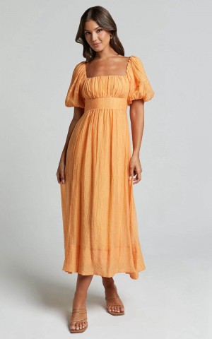 Showpo Roshina Midi Dress - Straight Neck Puff Sleeve Dress Orange | XSAIVE172