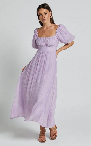 Showpo Roshina Midi Dress - Straight Neck Puff Sleeve Dress Lavender | SRFMNX587