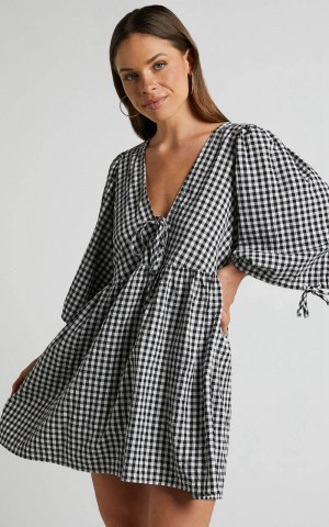 Showpo Rosita Mini Dress - Tie Front Puff Sleeve Dress Black And White Check | MYHIRJ853