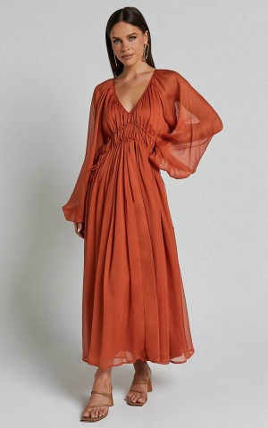 Showpo Roxanna Maxi Dress - Long Sleeve Ruched Waist Dress Rust | WOPTZB983