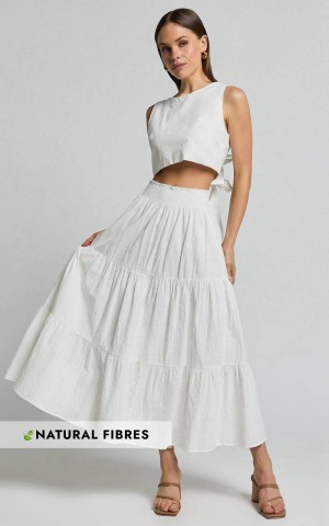 Showpo Ruby Midi Skirt - Shirred High Waist Cotton Tiered Maxi Skirt Off White | IYVDMK936