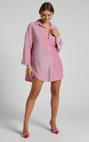 Showpo Ruri Mini Dress - Sparkly Oversized Shirt Dress Pink | YWSOVP375