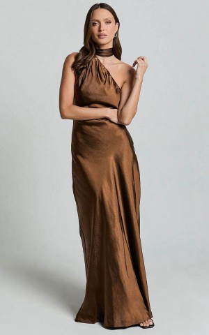 Showpo Ryan Maxi Dress - Tie Neck One Shoulder Dress Chocolate | BHVXNP325