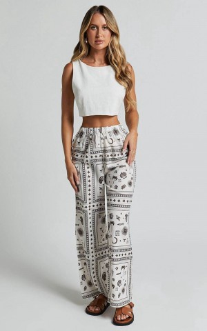 Showpo Ryleigh Pants - High Waisted Drawstring Relaxed Pants Mystic Print | KCUVWO601