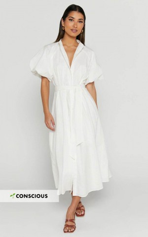 Showpo Sabrina Midi Dress - Linen Look Raglan Sleeve Belted Dress White | LXDTMO534