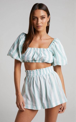 Showpo Sahle Top - Striped Puff Sleeve Crop Top Mint | CWRVEX716