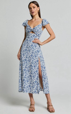 Showpo Sally Midi Dress - Flutter Sleeve Cut Out Thigh Split Dress Blue Floral | ZQDPUI243