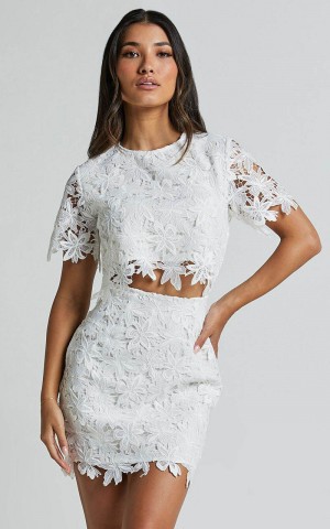 Showpo Salvi Two Piece Set - Short Sleeve Top And Mini Skirt Lace Set Off White | KZFJRH981