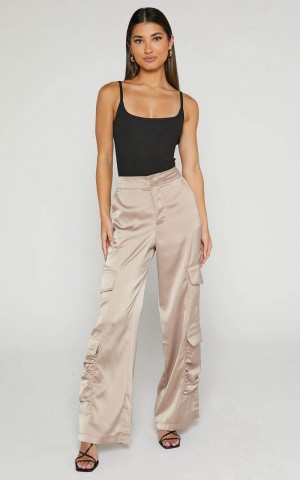 Showpo Saori Pants - Mid Rise Satin Cargo Pants Mushroom | TRQSGC579