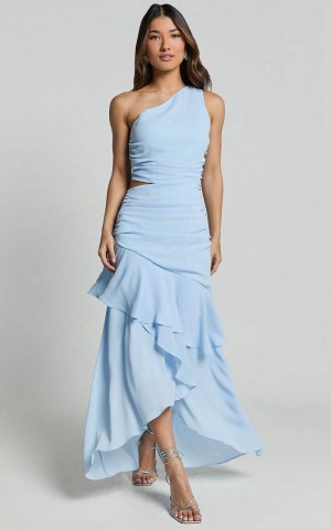 Showpo Sasha Midi Dress - One Shoulder Side Cut Out Asymmetrical Dress Ice Blue | MLZXUT389