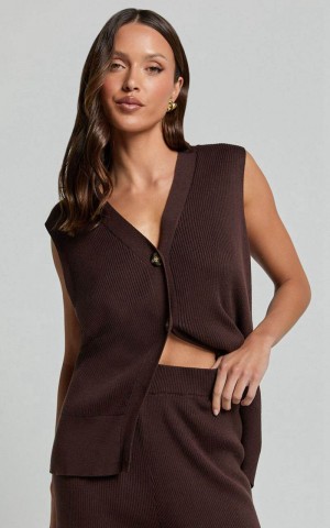 Showpo Sasha Top - Knitted Button Through V Neck Sleeveless Top Chocolate | KYDXEQ380