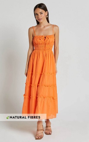 Showpo Schiffer Midi Dress - Strappy Ruched Tie Front Tiered Dress Mandarin | WQLKJS783