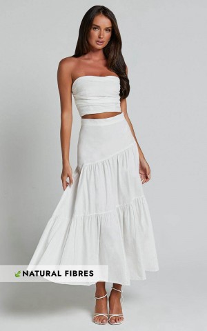 Showpo Schiffer Two Piece Set - Strapless Top And Tiered Midi Skirt White | MGSPZX475