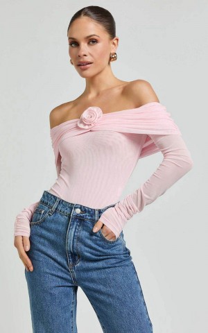 Showpo Seraphina Bodysuit - Off Shoulder Long Sleeve Detachable Rosette Mesh Bodysuit Baby Pink | SRCZMJ781