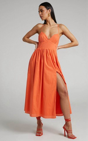 Showpo Shairah Midi Dress - Cross Back Gathered Sweetheart Dress Orange | QGJROY651