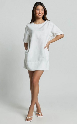 Showpo Shannon Mini Dress - Texture Tie Back Shift Dress White | ROIGTV643