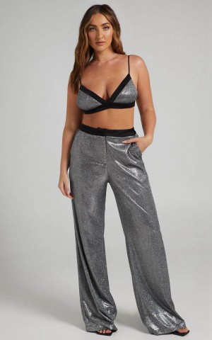 Showpo Sharleez Pants - Glitter High Waisted Tailored Wide Leg Pants Metallic | LWTYKC618