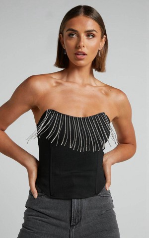 Showpo Shikita Top - Diamante Trim Strapless Corset Top Black | AWCZJL721