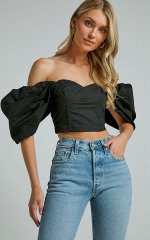 Showpo Shona Top - Off Shoulder Sweetheart Neck Puff Sleeve Black | VPAZEN237