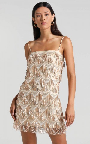 Showpo Shook Mini Dress - Cami Sequin Fringe Dress Champagne Sequin | YCNLKZ984