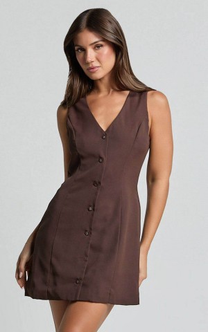 Showpo Sia Mini Dress - V Neck Button Down Dress Chocolate | KLBATZ073