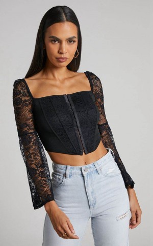 Showpo Sienna Top - Lace Bell Sleeve Corset Top Black | UKYWCI670