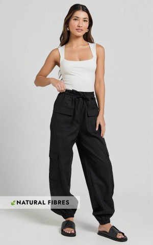 Showpo Simpson Pants - Linen Look Tie Waist Pocket Detail Cargo Pants Black | YDKIGR419