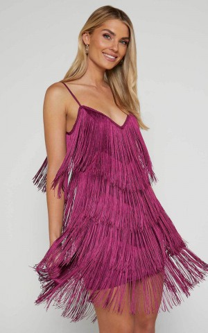 Showpo Siofra Mini Dress - Zig Zag Fringe Dress Mulberry | EVRQGZ901