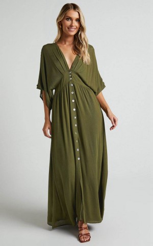 Showpo Sitting Pretty Midi Dress - Short Sleeve Button Down Dress Olive | AZGOLD163