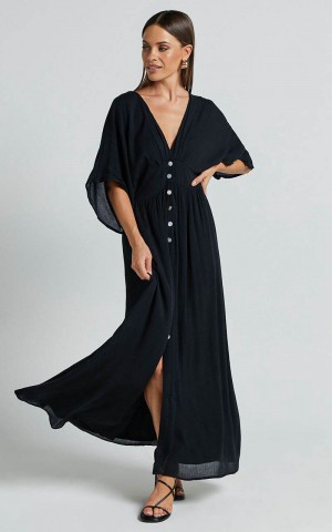 Showpo Sitting Pretty Midi Dress - Short Sleeve Button Down Dress Black | QGHBRN315