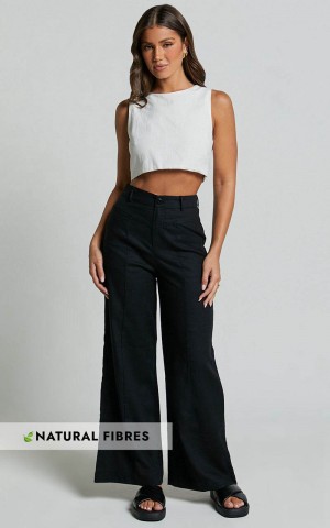 Showpo Skye Pants - Linen Look High Waisted Seam Detail Pants Black | GUBCZT069