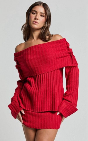 Showpo Sndys The Label - Brooks Off Shoulder Jumper Cherry | KWDIRF036