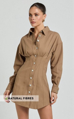 Showpo Sofia Mini Dress - Button Through Long Sleeve Dress Mocha | XNMOAI490