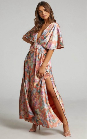 Showpo Sophia Midi Dress - Plunge Neck Bat Wing Sleeve Dress Multi Floral | KCYHJS208