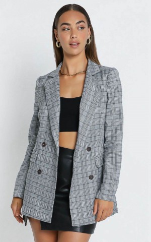 Showpo Sort It Out Blazer - Double Breasted Blazer Grey Check | WLATYR976