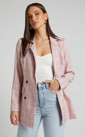 Showpo Sort It Out Blazer - Double Breasted Blazer Blush Check | DISTAV746