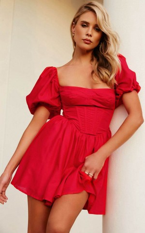 Showpo Souza Mini Dress - Fit And Flare Puff Sleeve Corset Dress Red | HGIZCU470