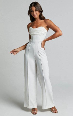 Showpo Stacey Jumpsuit - Strapless Cowl Wide Leg Jumpsuit Off White | IFZXRH238