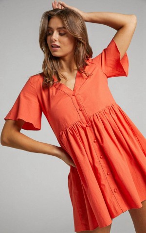 Showpo Staycation Mini Dress - Smock Button Up Dress Coral | THLVIJ465