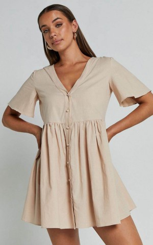 Showpo Staycation Mini Dress - Smock Button Up Dress Beige | TZXFLD610