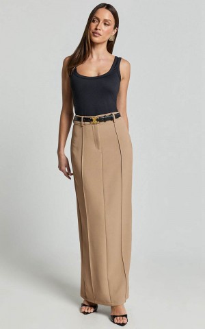 Showpo Stella Maxi Skirt - High Waisted Pencil Skirt Tan | KYQSVZ253