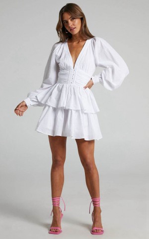 Showpo Suki Mini Dress - Plunge Neck Balloon Sleeve Tiered Ruffle Dress White | GQTNKI389