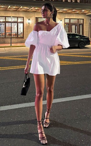 Showpo Sula Mini Dress - Asymmetric Off One Shoulder Puff Sleeve Dress White | WQGVPE962