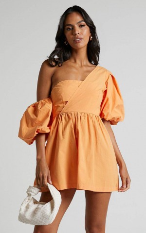 Showpo Sula Mini Dress - Asymmetric Off One Shoulder Puff Sleeve Dress Sherbet Orange | GLBXMN459