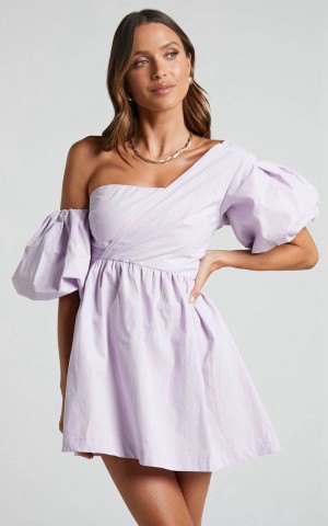 Showpo Sula Mini Dress - Asymmetric Off One Shoulder Puff Sleeve Dress Lilac | FCHRSJ267