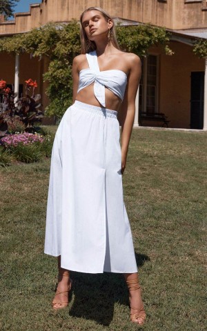 Showpo Sula Two Piece Set - One Shoulder Bralette Crop Top And Midi Skirt Set White | TODJHB813