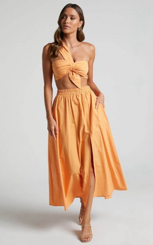 Showpo Sula Two Piece Set - One Shoulder Bralette Crop Top And Midi Skirt Set Sherbet Orange | DYJPRH074