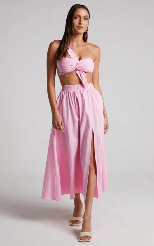 Showpo Sula Two Piece Set - One Shoulder Bralette Crop Top And Midi Skirt Set Pink | FONXJG925