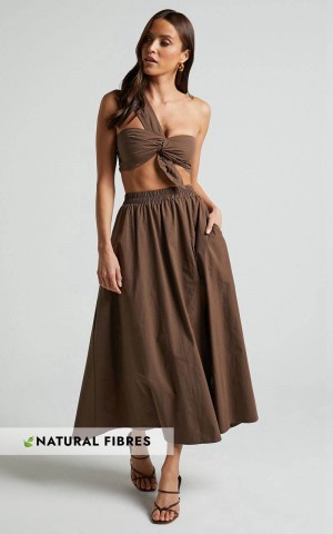 Showpo Sula Two Piece Set - One Shoulder Bralette Crop Top And Midi Skirt Set Chocolate | NMXCGV647