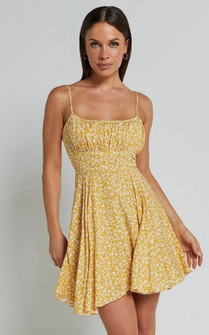 Showpo Summer Jam Mini Dress - Strappy Slip Dress Yellow Floral | KSRMGC960